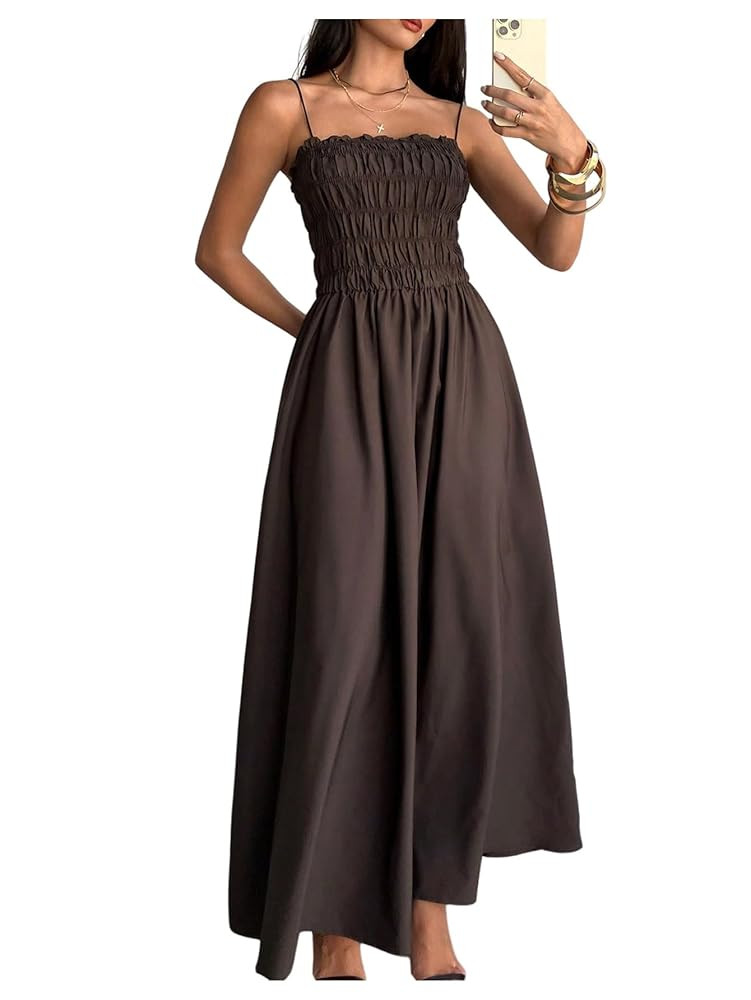 Floerns Women's Summer Long Dresses Spaghetti Strap Shirred Flared Hem Prom Cami Dresses | Amazon (US)