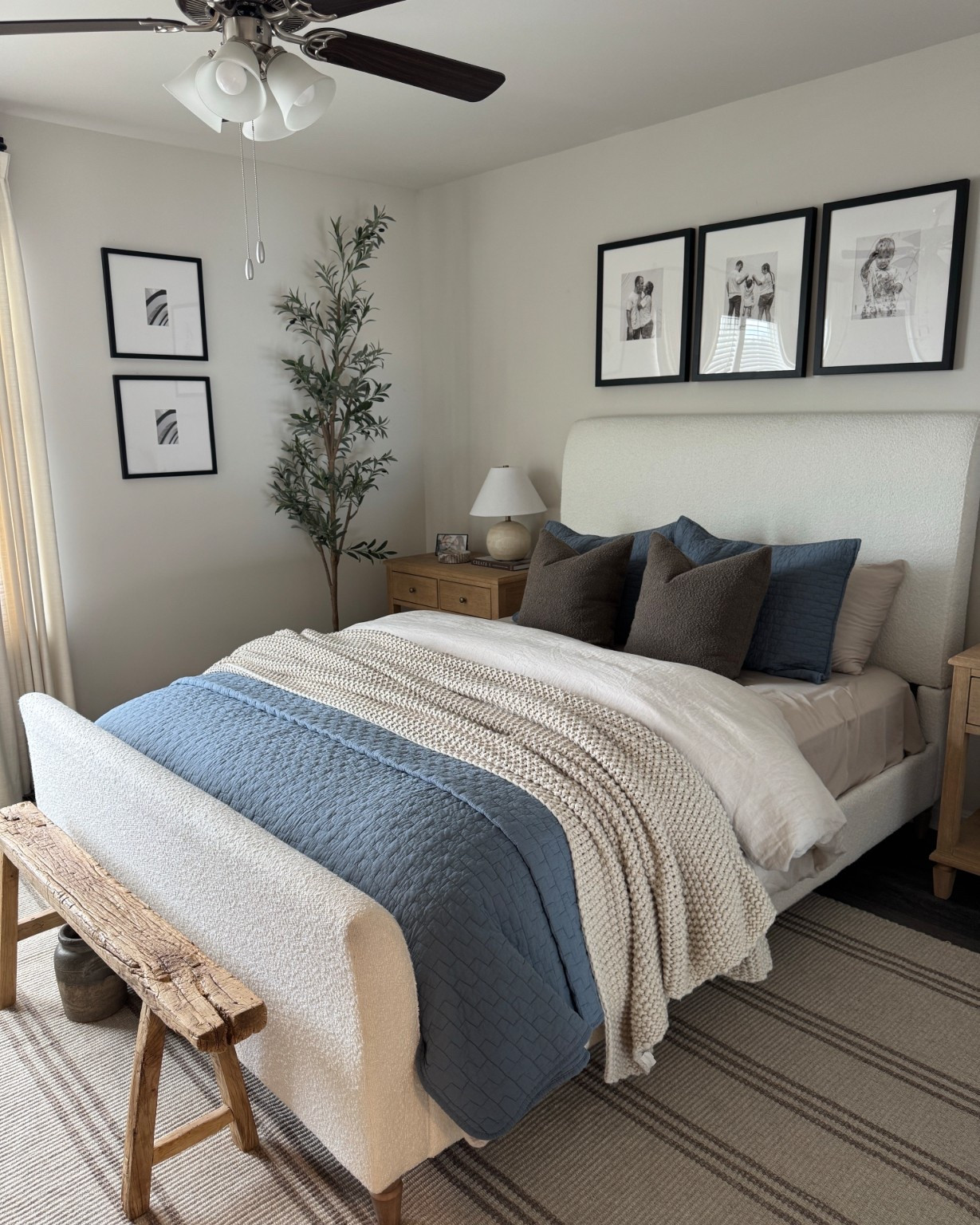 Spring bedroom refresh, I added this blue quilt from amazon for a little pop of color for spring and i'm loving it in our primary bedroom -- chunky throw blanket, target bedding, amazon bedding, throw pillow, pilllow covers, skinny olive tree, jute rug, gallery wall, skinny bench,  organic antique bench, neutral bedding 

 #LTKSpringSale 

#LTKHome #LTKSaleAlert