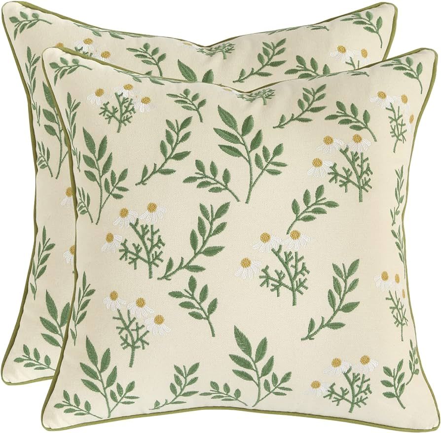 Tosleo Embroidered Throw Pillow Covers 18x18 Set of 2,Flowers Pillow Cushion Cases,Farmhouse Deco... | Amazon (US)