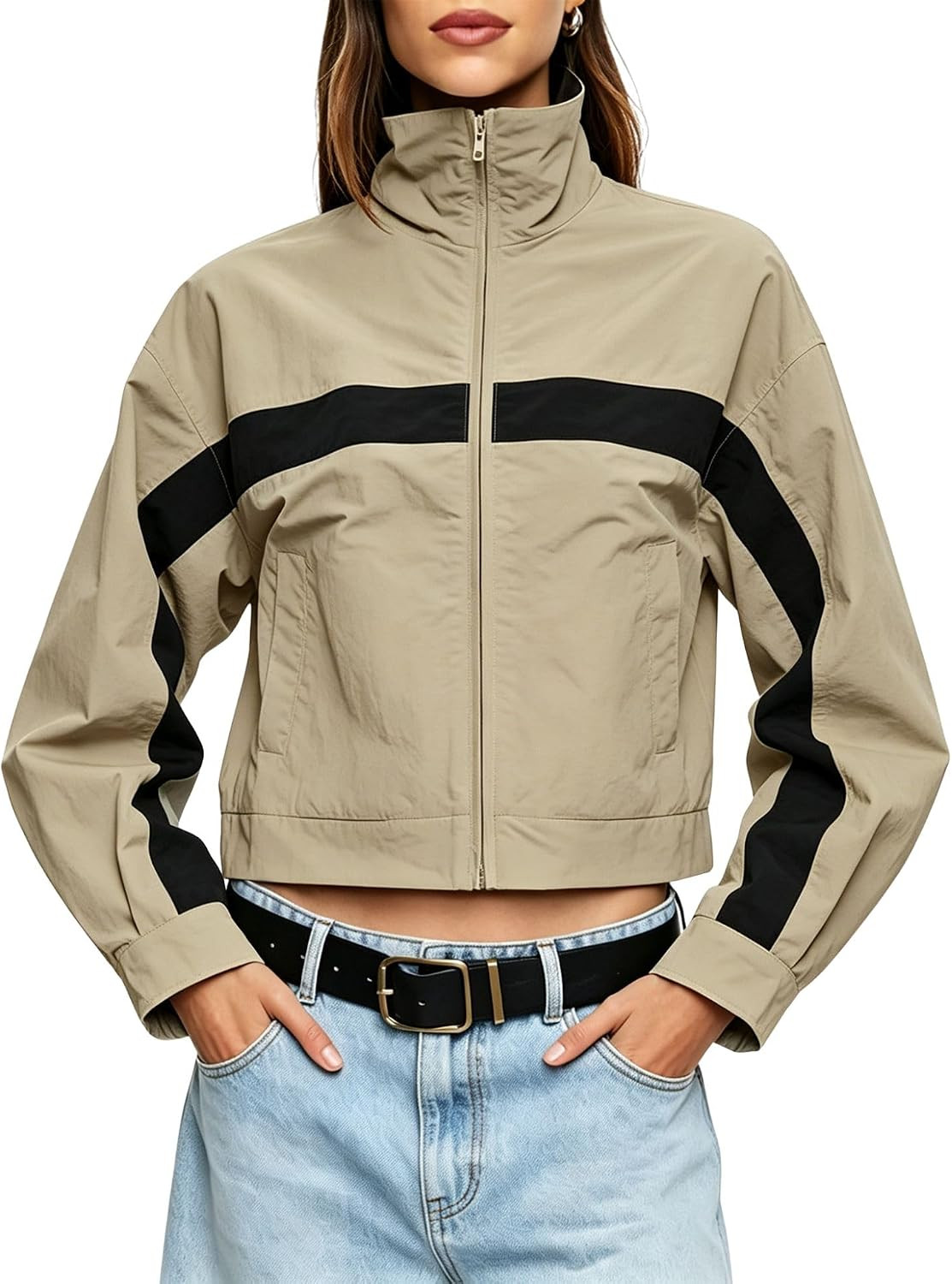 Women Cropped Jacket Funnel Neck Color Block Windbreaker | Amazon (US)