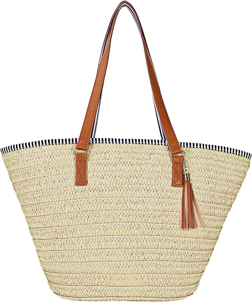 Womens Large Straw Shoulder Bag Beach Tote Handbag Purse with Tassel for Summer | Amazon (US)