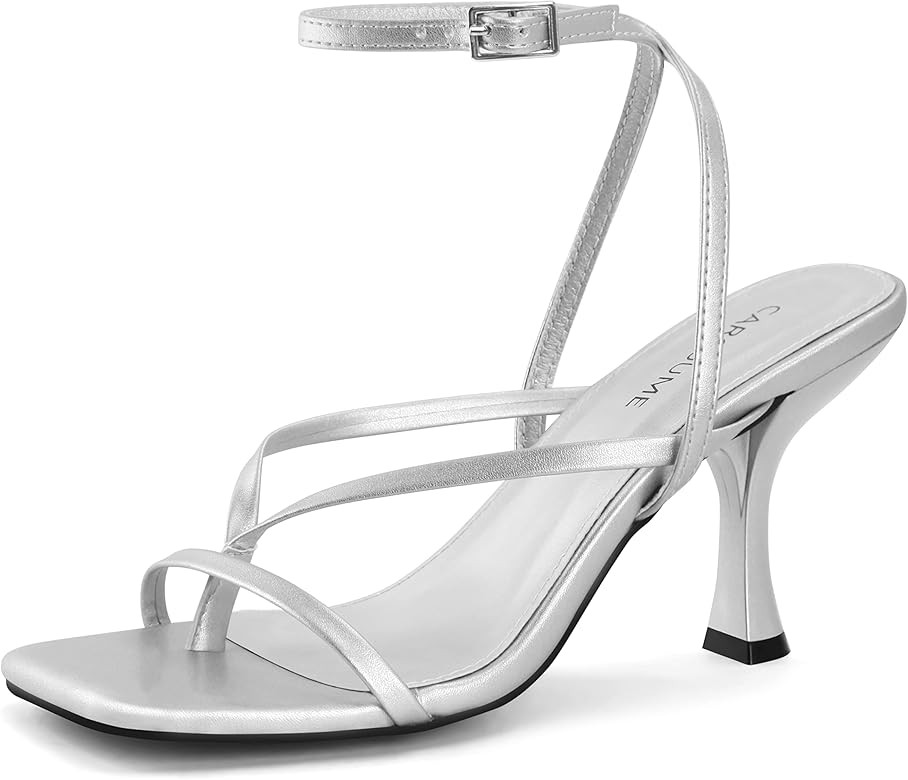 Carcuume Womens Kitten Heels Square Toe Thong Strappy Ankle Strap Stiletto Heel Sandals | Amazon (US)
