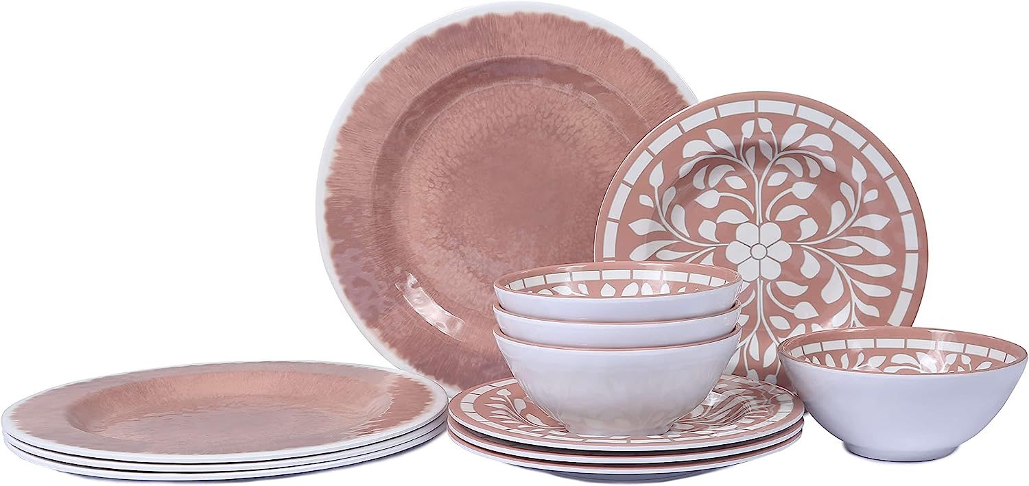 Melamine Dinnerware Sets - 12 Pcs Dinner Dishes Set for Indoor Outdoor use, Dishwasher Safe, Pink | Amazon (US)