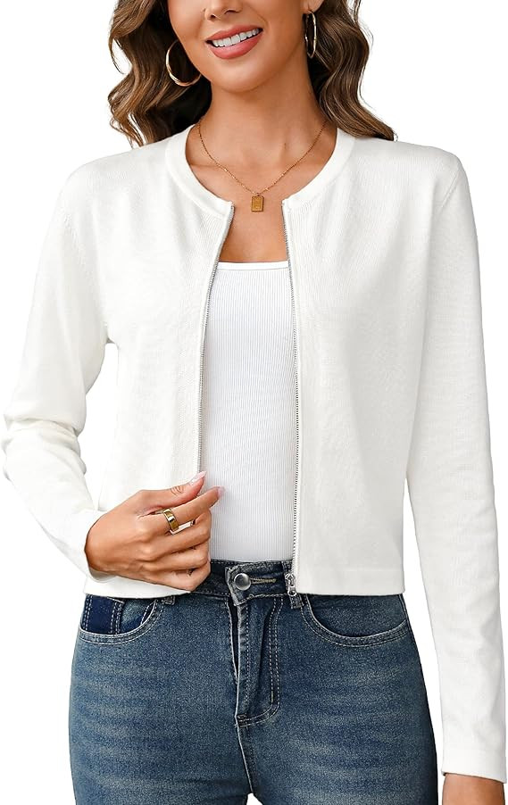 Totatuit Womens Long Sleeve Knitted Zip-Up Cardigan Sweaters Lightweight Crew Neck Cropped Shrug ... | Amazon (US)