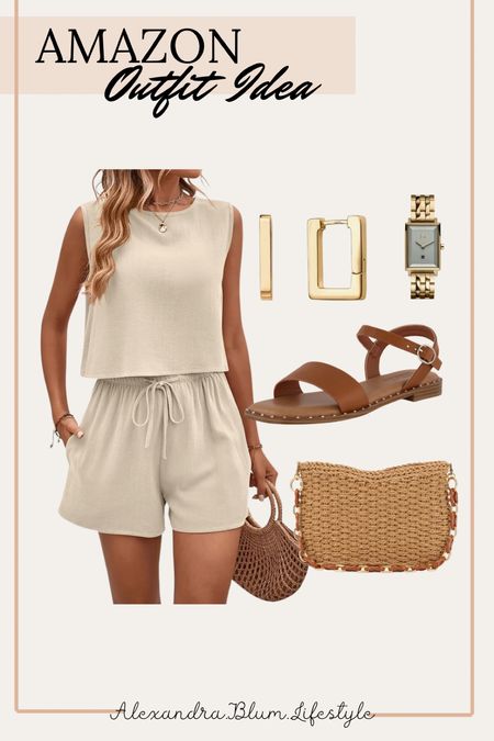 Cute travel outfit idea and resort wear! Two piece matching shorts and shirt set from Amazon with strappy sandals, straw woven hand bag, cool unique earrings and gold women’s statement watch! Summer outfit! Spring outfit! 

#LTKfindsunder50 #LTKmidsize #LTKtravel