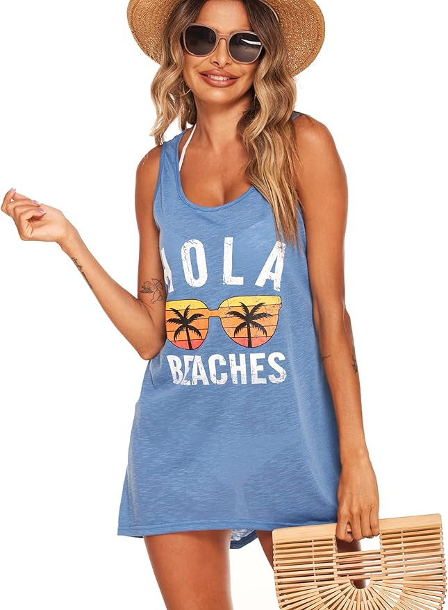 Ekouaer Women's Sleeveless Swimwear Coverups T-Shirt Beach Dress Tank Bikini Cover Up with Print | Amazon (US)