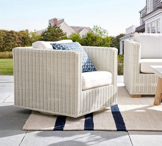 Huntington Wicker Square Arm Swivel Outdoor Lounge Chair | Pottery Barn (US)