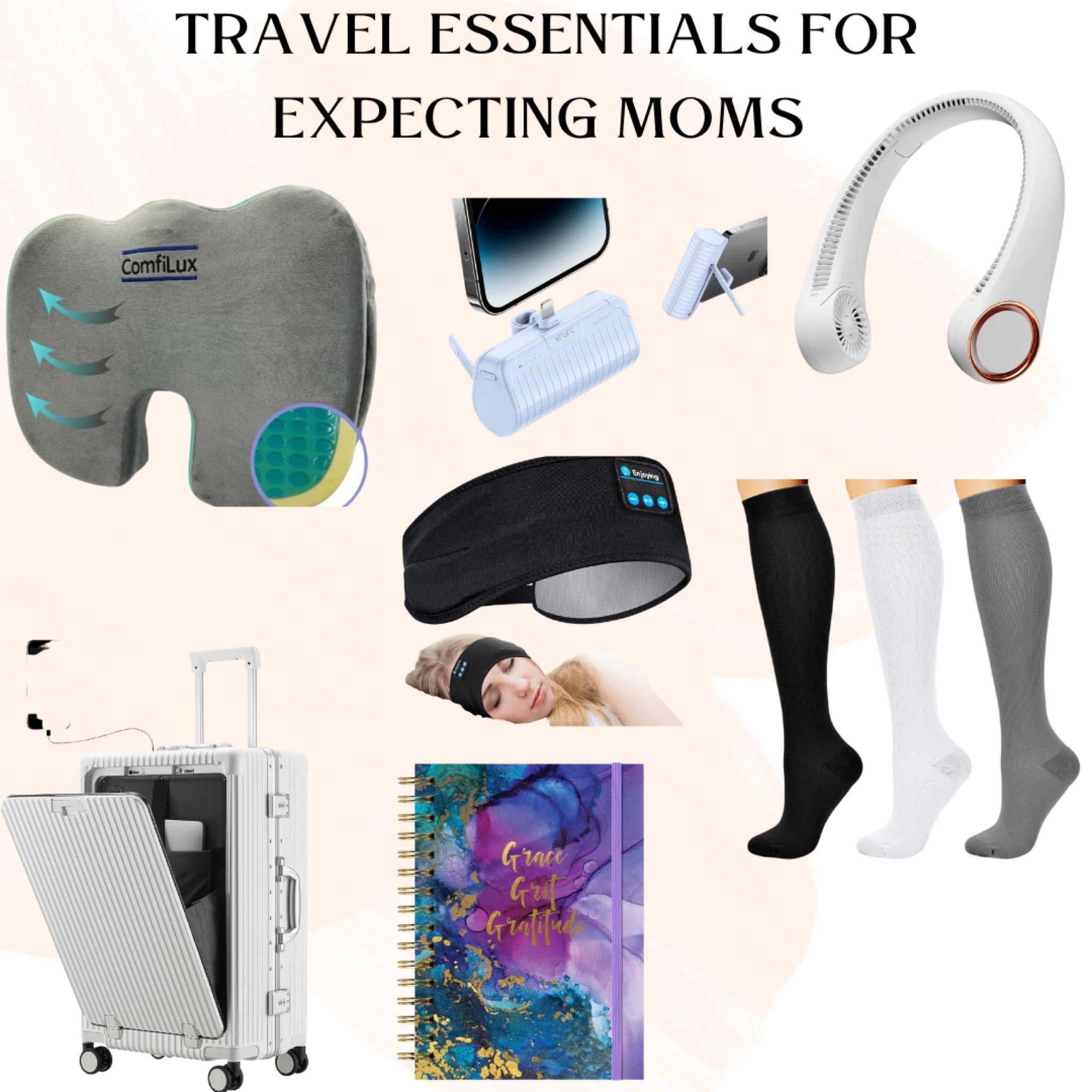 Travel Essentials for Expecting Moms
Travel seat cushion, portable charger, neck fan, suitcase, journaling notebook, headphone headband 

#LTKGiftGuide #LTKfindsunder50 #LTKxPrime