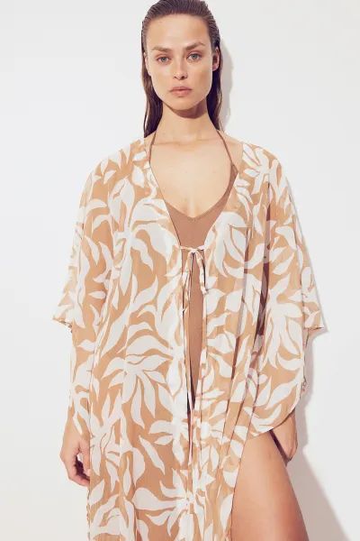 Chiffon Beach Kaftan - V-neck - Long sleeve - Dark beige/patterned - Ladies | H&M US | H&M (US + CA)