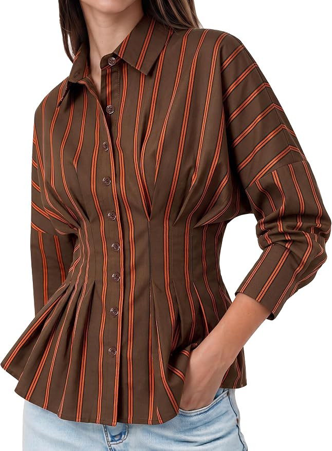 Tankaneo Womens Striped Button Down Shirt Cinched Waist Office Blouse | Amazon (US)