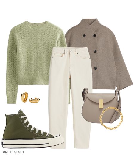 Spring outfit ootd in green knit sweater jumper beige brown short coat jacket white denim jeans beige brown Handbag green khaki all star converse and gold jewellery 

#LTKunder100 #LTKshoecrush #LTKeurope