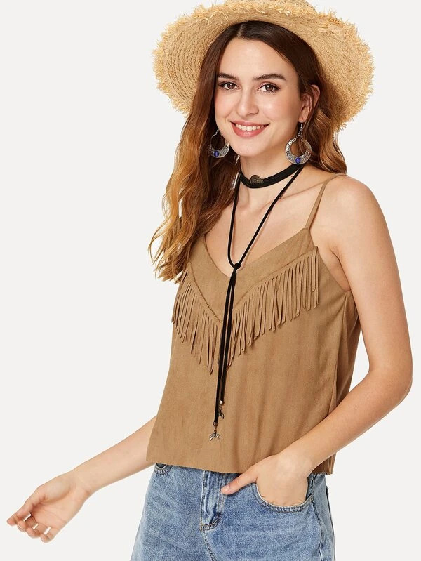 Fringe Trim Suede Cami Top | SHEIN