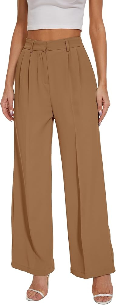 FUNYYZO Wide Leg Pants Women's High Elastic Waisted in The Back Business Work Trousers Long Strai... | Amazon (US)