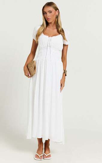 Nova Midi Dress - Open Back Ruched Dress in White | Showpo (ANZ)
