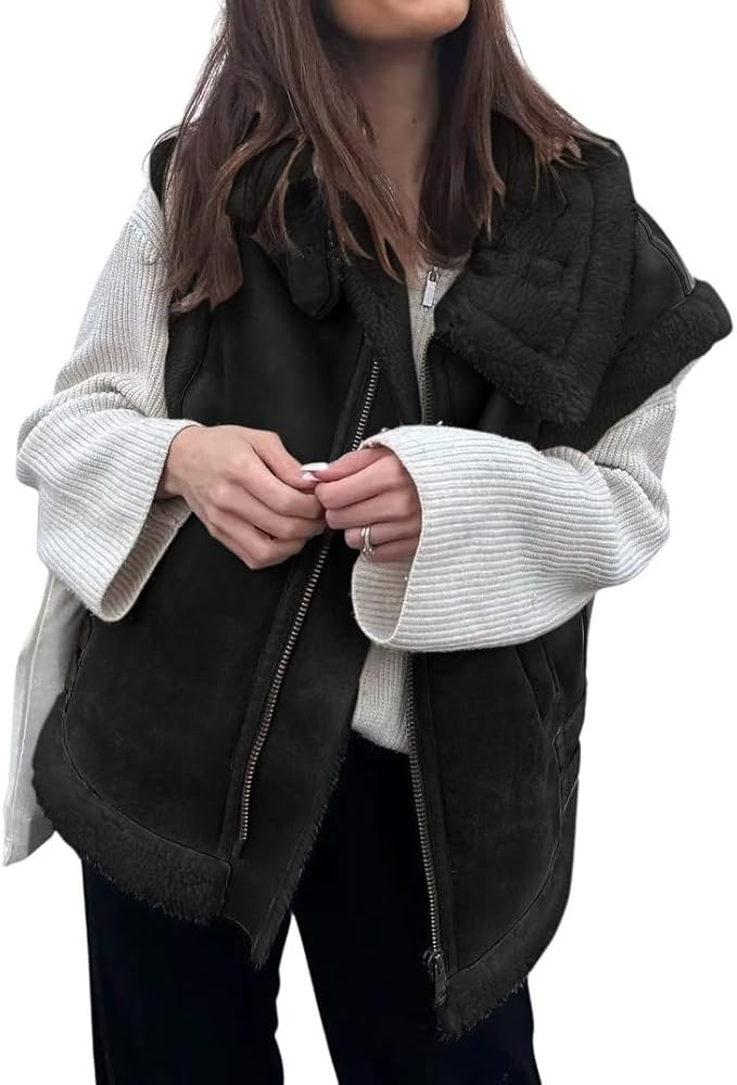 loveimgs Women's Winter Warm Suede Sherpa Leather Vest Jacket Zip Up Sleeveless Lambwool Fur Coat... | Amazon (US)