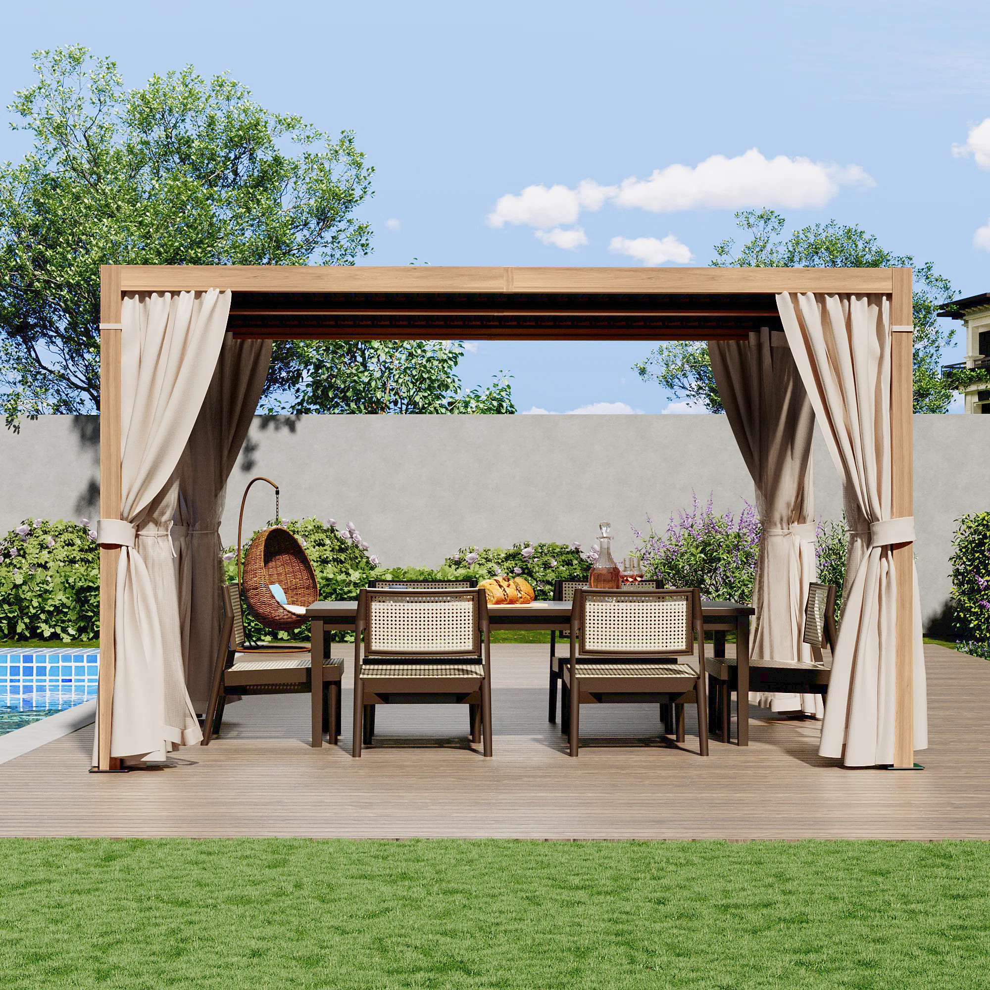 Aluminum Louvered Pergola with Adjustable Roof and Curtains | Wayfair North America