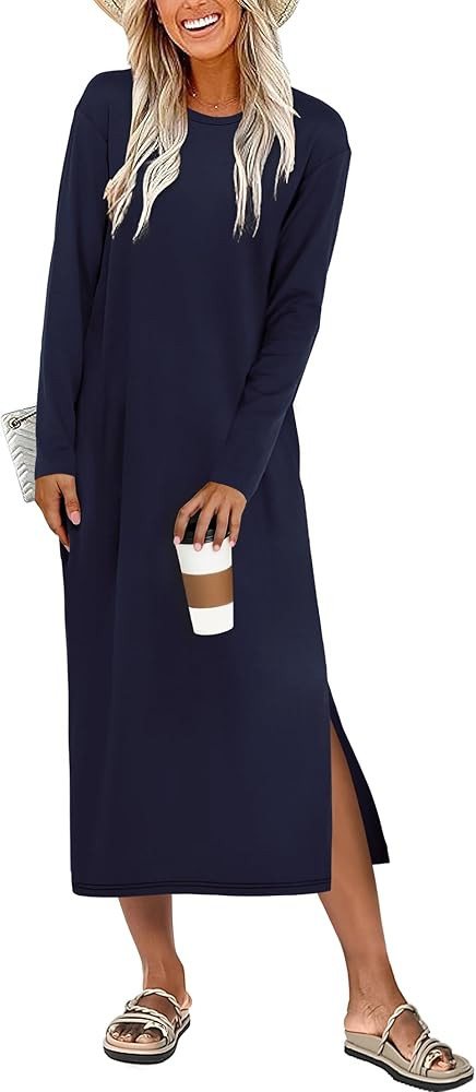 ANRABESS Long Sleeve Midi Dresses for Women Fall Fashion Casual Vacation Crewneck Loose Split Str... | Amazon (US)