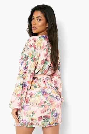 Floral Sequin Wrap Mini Dress | Boohoo.com (US & CA)