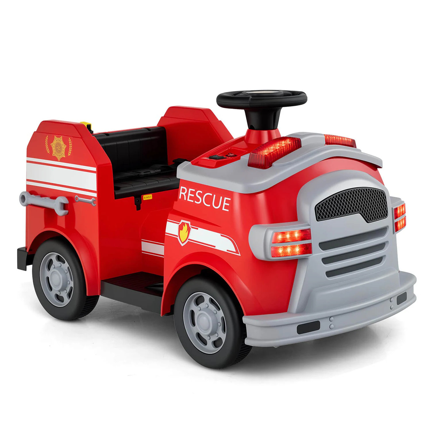 Costway 12V Kids Ride on Fire Truck Toddler Fire Toy Car with Shovel and Wrench Red one_size | CSHY002125 | Lowe's