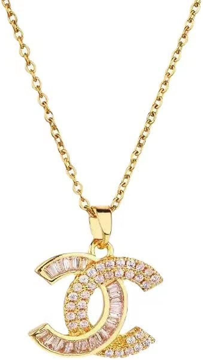 Double C Letter Necklace CZ 18K Gold Plated Necklace for Women Jewelry Gifts | Amazon (US)