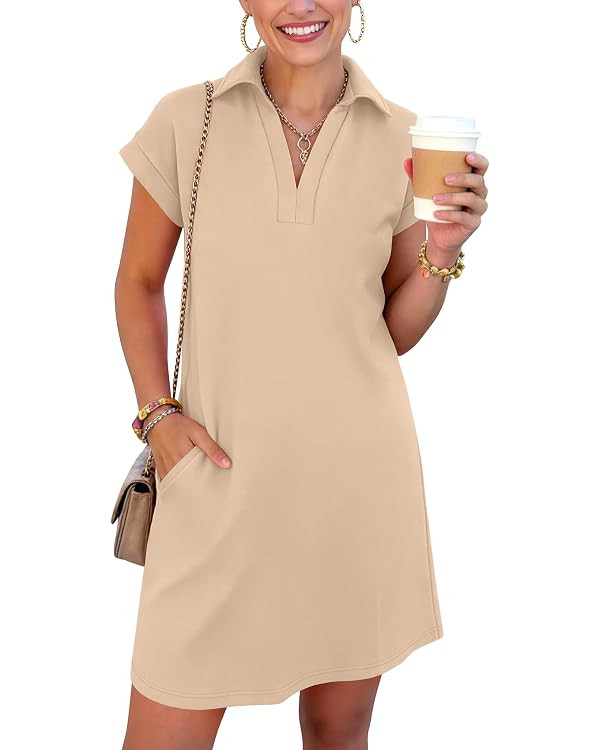 ANRABESS Women's 2026 Summer Collared V Neck Tshirt Dress Casual Cap Sleeve Spring Mini Vacation ... | Amazon (US)