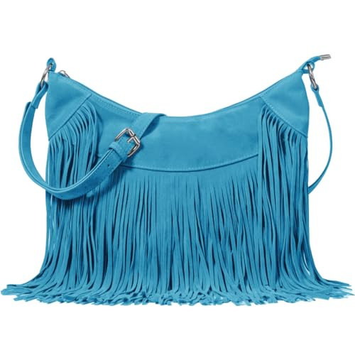 Sunwel Fashion Women Fringe Hobo Bag Western Purse Shoulder Bag Vegan Suede Tassel Hippie Crossbody Bag (Turquoise Blue) | Amazon (US)