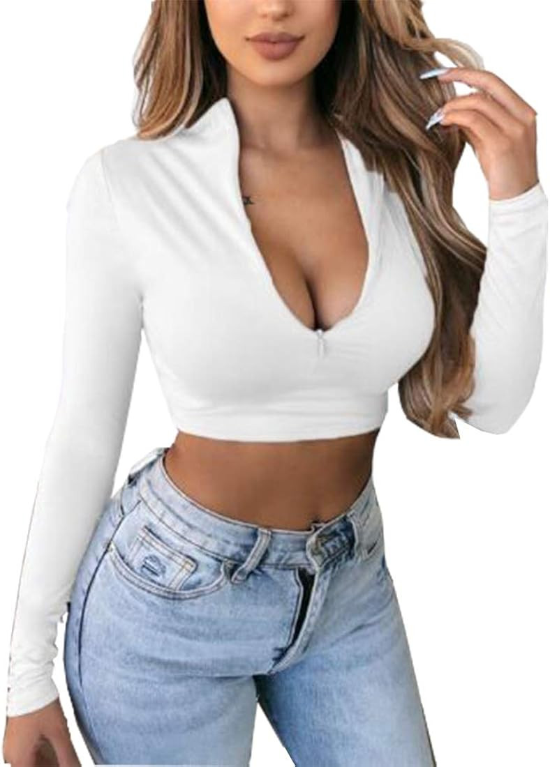 Artfish Women's Long Sleeve Quarter Zip Crop Tops Fleece Lined V Neck Fitted Sexy Cropped Shirts | Amazon (US)