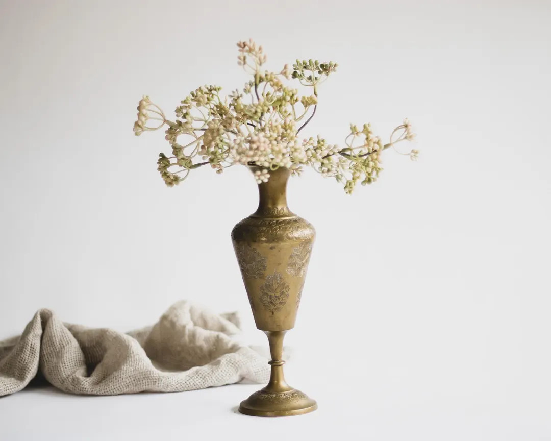 Vintage Indian Etched Brass Vase, Indian Brass Vase, Rustic Brass Vase, Bohemian Wedding Decor, M... | Etsy (US)