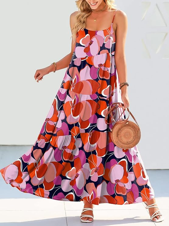 ANRABESS Women’s Summer Casual Loose Sleeveless Spaghetti Strap Asymmetric Tiered Beach Maxi Lo... | Amazon (US)