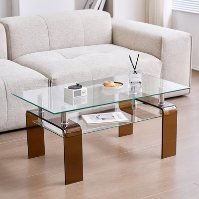 Racxily Tempered Glass Coffee Table, Modern Glass Coffee Table for Living Room, 2-Tier Storage Center Coffee Table with Brown Legs | Target