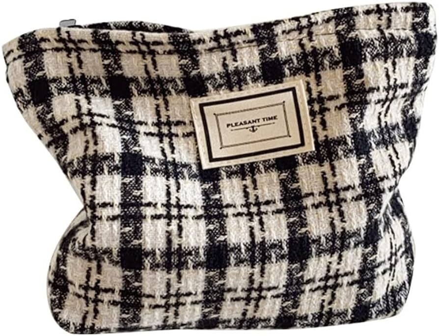 Cute Checkered Canvas Makeup Pouch cosmetic bag for Purse Aesthetic Preppy Storage Organizer Trav... | Amazon (US)