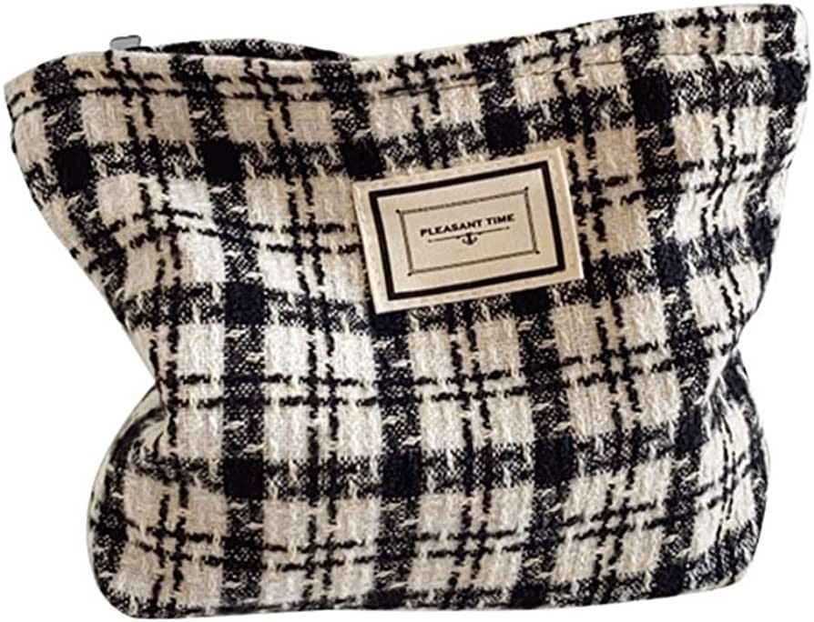 Cute Checkered Canvas Makeup Pouch cosmetic bag for Purse Aesthetic Preppy Storage Organizer Trav... | Amazon (US)