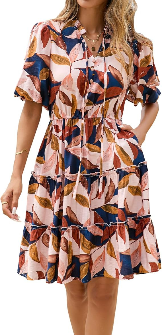 BTFBM Women Summer Floral Short Dresses V Neck Short Sleeve Tiered Ruffle Boho Swing Dress A-Line... | Amazon (US)