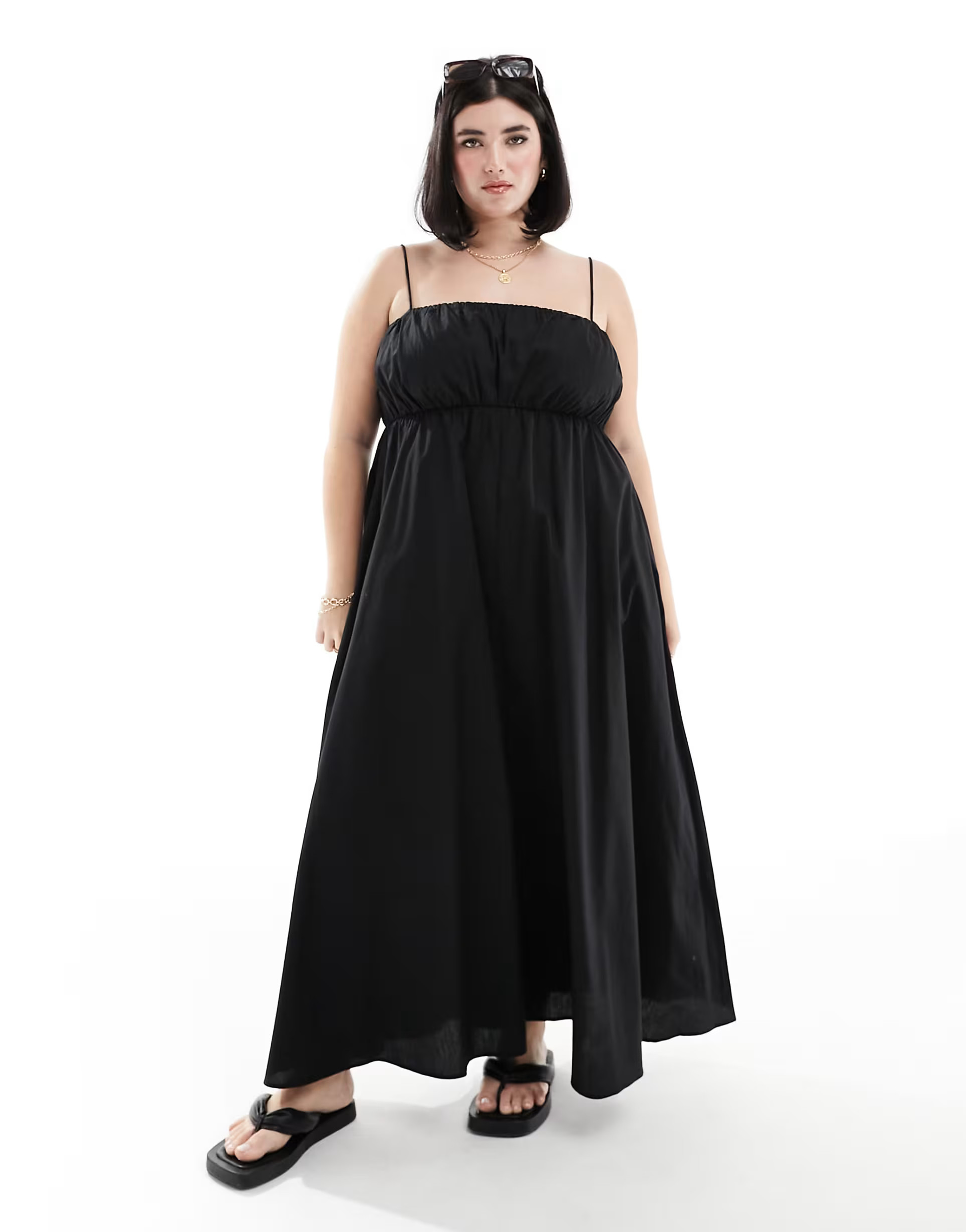 ASOS DESIGN Curve – Maxi-Sommerkleid in Schwarz mit geraffter Brustpartie und verstellbaren Tr... | ASOS (Global)