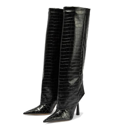 Vertundy Women's Fold Over Boots - Pointed Toe Stiletto Heel Slip On Knee High Boot Fashion Sexy Dress Boot Size 10.5 Lady | Amazon (US)