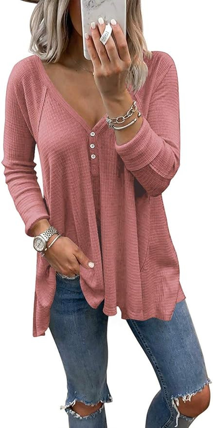 Dressmine Women's V Neck Shirts Long Sleeve Button Down Tunic Tops Pullover | Amazon (US)