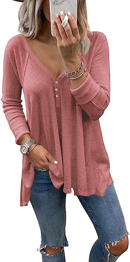 Dressmine Women's V Neck Shirts Long Sleeve Button Down Tunic Tops Pullover | Amazon (US)