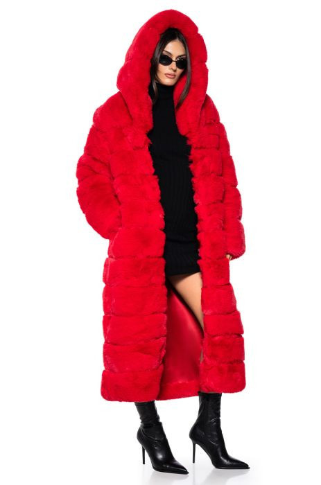 AZALEA WANG FAUX FUR PANEL HOODED TRENCH IN RED | AKIRA