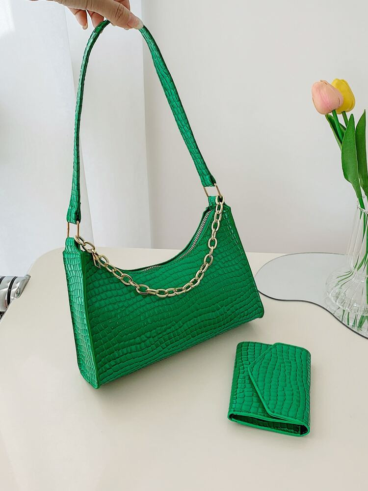 Crocodile Embossed Chain Decor Baguette Bag With Purse | SHEIN