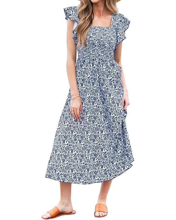 CUPSHE Women's Square Neck Striped Smocked Dress Ruffled Cap Sleeves Dress A Line Maxi Formal Dre... | Amazon (US)