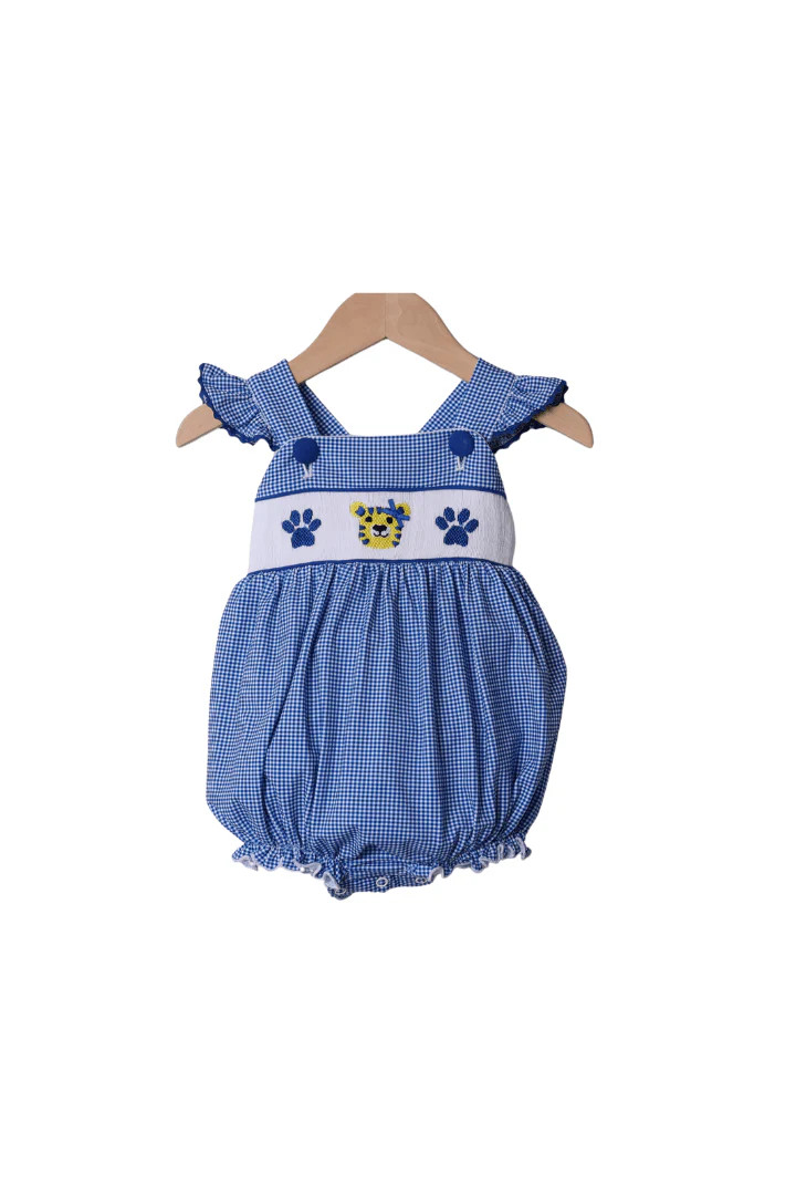 Smocked Blue Wildcat Ruffle Bubble | The Smocked Flamingo
