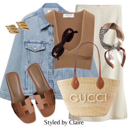 Denim jacket styling👌🏼
Tags: oversized fit, tan beige brown crop top, linen pencil skirt, Gucci straw tote bag, Hermes brown cross sandals, silk scarf, Celine triomph sunglasses, gold earrings. Fashion spring primavera inspo outfit ideas summer casual city break H&M 

#LTKitbag #LTKshoecrush #LTKstyletip