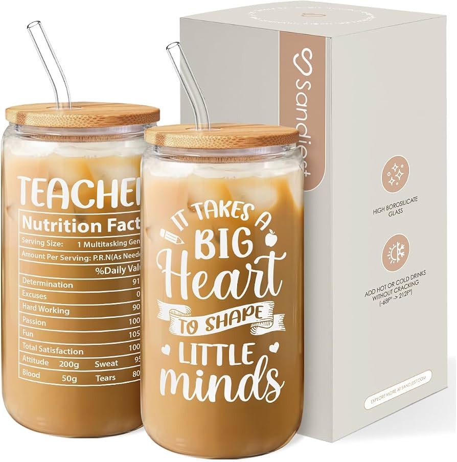 SANDJEST Teacher Gifts for Women - 16 Oz Can Glass Coffee Cup with Straws - Teacher Appreciation ... | Amazon (US)