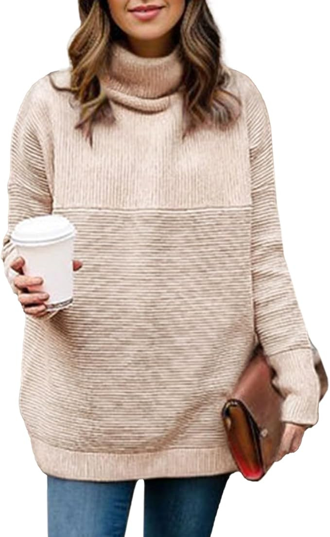 CHICWISH Women's Linen/White/Grey Cozy Ribbed Long Sleeve Turtleneck Knit Top Pullover Sweater | Amazon (US)