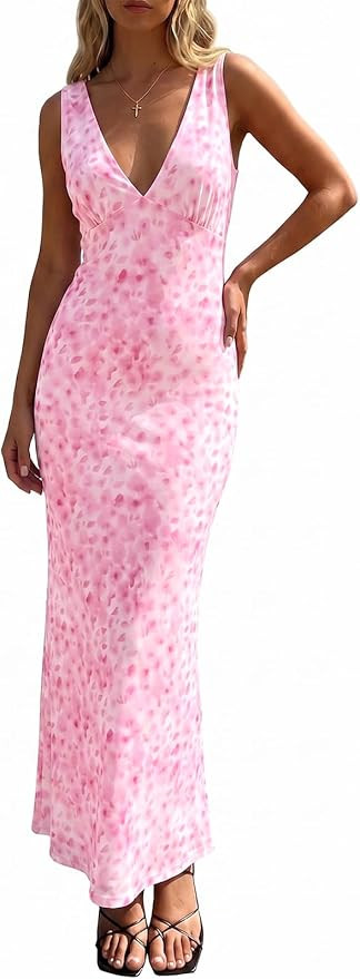 Wenrine Womens Summer Polka Dot Maxi Dress Mesh Wedding Guest Bodycon Sexy V Neck Sleeveless Part... | Amazon (US)