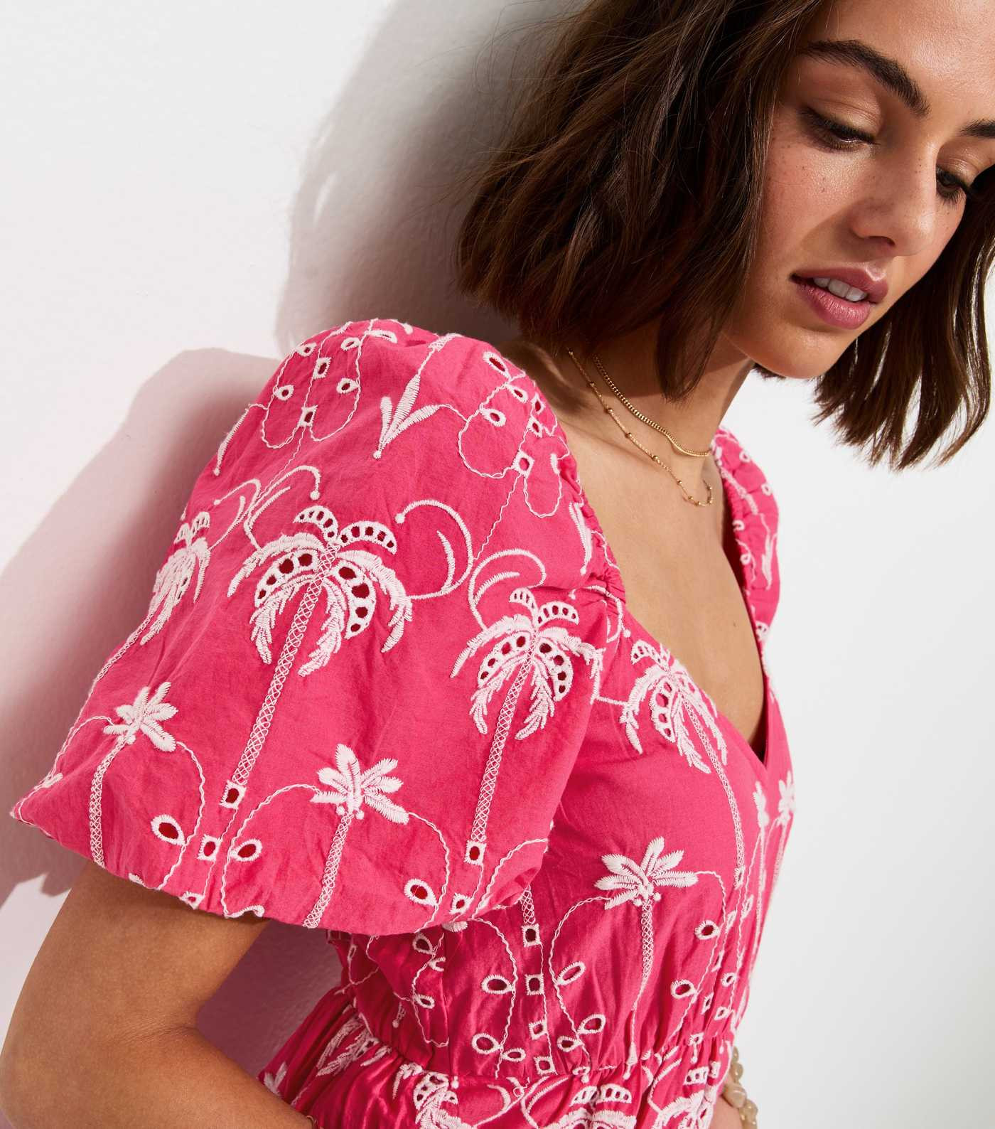 Pink Cotton Palm Tree Embroidered Milkmaid Tiered Midi Dress | New Look | New Look (UK)