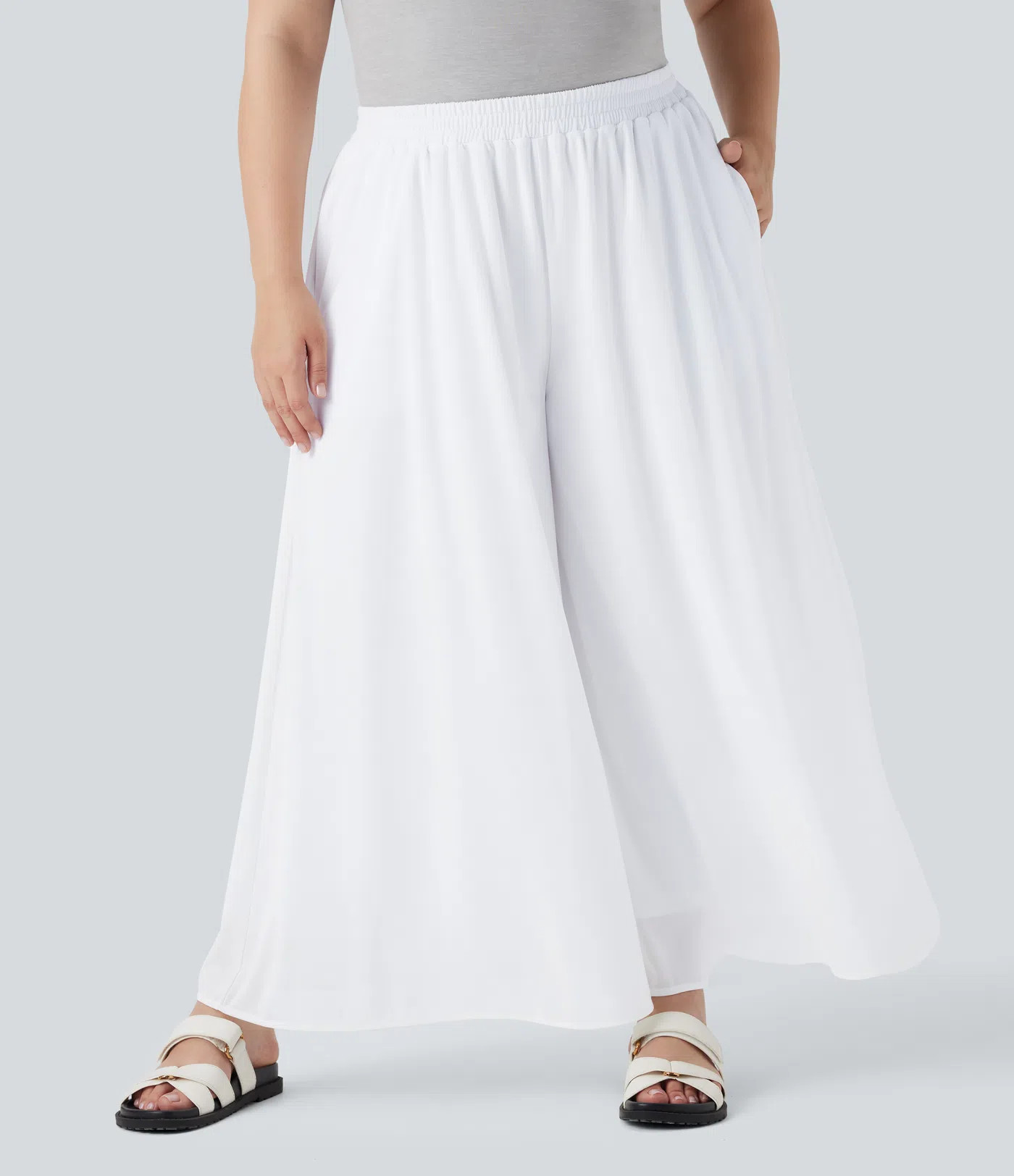 Women’s Plus Size High Waisted Mesh Overlay Wide Leg Casual Pants with Pockets - Halara | HALARA