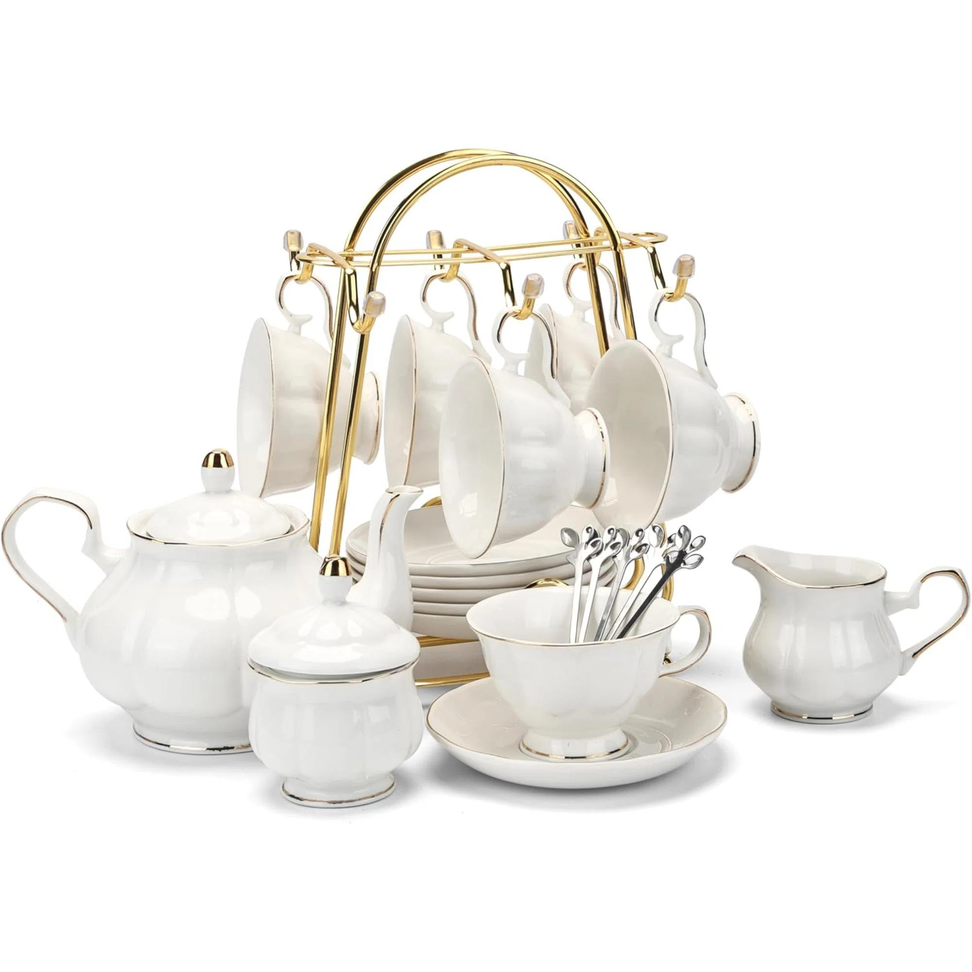 Tea Set 22-Piece Porcelain Ceramic Coffee Tea Gift Sets Cups Saucer Service For 6 Teapot Sugar Bo... | Wayfair North America