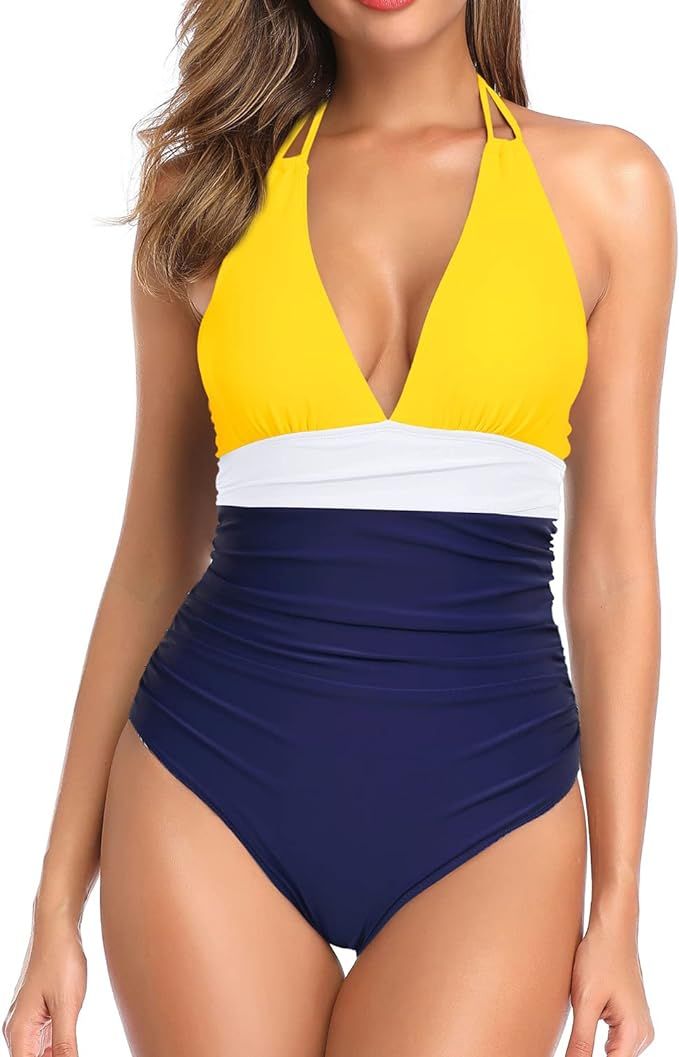 Holipick Women One Piece Swimsuit Tummy Control Halter Bathing Suit Sexy Plunge V Neck Swimwear | Amazon (US)