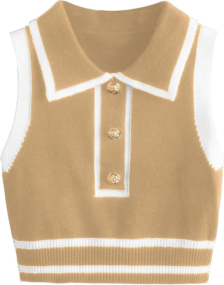 Verdusa Women's Button Front Striped Collar Sleeveless Sweater Vest Knit Top | Amazon (US)